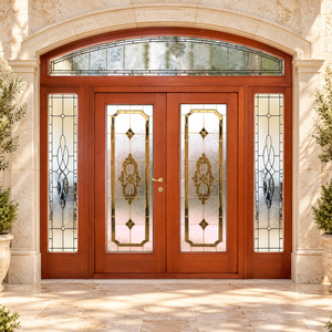 Puertas Dobles de Entrada Residenciales Personalizadas de Madera con Paneles de Vidrio Teñido y Travesaño Arqueado para Uso Exterior Villa GA-52 - Product Image 1