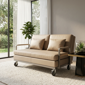 Sofá Cama Moderno de Cuero PU Beige con Estructura Metálica y Ruedas, Diseño Reclinable para Sala de Estar - Product Image 6