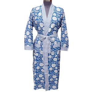 Bata de algodón con estampado floral de longitud completa para mujer, cuello en V, manga larga, ropa de dormir informal, para primavera, con cierre de cinturón y estampado azul y blanco - Product Image 1