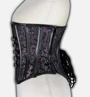 Corset pour femme en similicuir noir avec broderie florale noire et violette, boucle argentée sur le devant, sous-bustier sculptant, à baleines en acier