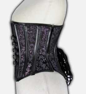 Women's Black Faux Leather Black and Purple Flower Brocade <b>Corset</b> Front Silver Buckle Under Bust Shaper <b>Corset</b> Steel <b>boned</b> - Product Image 2