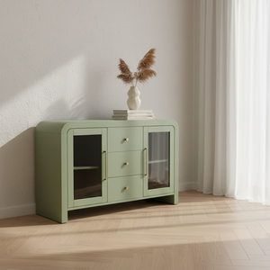 PKP FURNITURE Modern Living Room Cabinet with 3 Drawers and 2 Glass Doors Solid Wood <b>Storage</b> <b>Sideboard</b> Furniture - Product Image 5