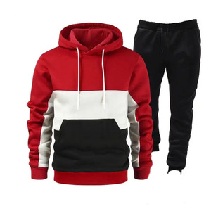 Men's Color Blocking <b>Hoodie</b> Tracksuit Set Casual Full Sleeve Joggers <b>Red</b> White Black Polyester Cotton Autumn Wear - Product Image 1