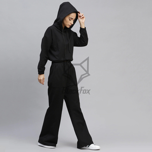 Conjunto Deportivo Negro con Capucha para Mujer, Manga Larga, Color Sólido, Corte Holgado, Pantalones Casuales para Correr con Bolsillos Laterales y Cintura con Cordón - Product Image 6