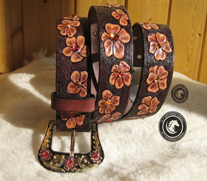 Genuine leather waist belt floral <b>engraved</b> <b>tooling</b> western cowboy vintage rustic handmade strap casual fashion accessory - Product Image 5