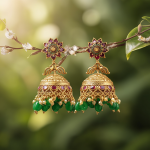 Green Brass Chandelier Drop Jhumka Earrings for Wedding and Party - Product Image 3