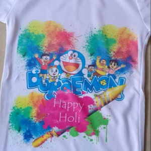 T-shirt unisexe en coton tricoté 100% écologique, imprimé Happy Holi, fond blanc, manches courtes, 180g/m², nouvelle collection printemps - Product Image 1