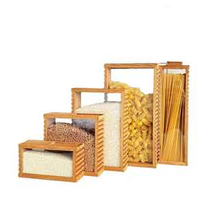 Juego de 5 Recipientes Transparentes para Almacenamiento de Alimentos con Marcos de Madera, Organizador de Despensa para Arroz, Lentejas, Pasta y Espaguetis - Product Image 1