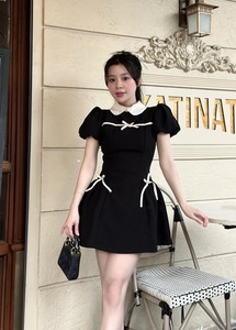 Robe pour femme, mini-robe unie, coupe trapèze, col Peter Pan, manches bouffantes, coupe ajustée, style décontracté et mignon, fabricant de robes au Vietnam - Product Image 5