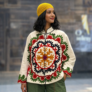Embroidered Floral Blouson <b>Jacket</b> with <b>Mandarin</b> <b>Collar</b> Pullover Closure Full Sleeve Long Winter Women's Outerwear Cotton Filling - Product Image 2