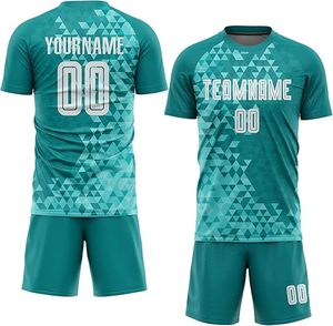 ชุดเสื้อฟุตบอลสีเขียวแบบซับลิเมชั่นสั่งทำพิเศษสำหรับผู้ใหญ่ ลายพิมพ์เรขาคณิตสีเขียวอมฟ้า ระบายเหงื่อได้ดี แขนสั้น - Product Image 1