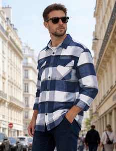 Custom <b>Men</b> <b>Flannel</b> <b>Shirt</b> Long Sleeve Plaid Button Down Shacket OEM Bulk Wholesale - Product Image 2