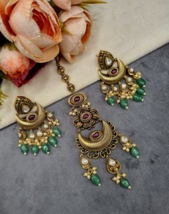 Designer Beaded Choker Necklace <b>Set</b> With Drop Beads Earrings And Mangtika Ethnic Festive Wear Fashion <b>Jewellery</b> <b>Set</b> Manufacturer - Product Image 6