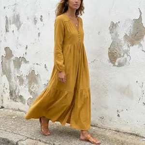 Vestido largo de lino y algodón para mujer, vestido largo holgado con cuello en V, ropa informal de verano - Product Image 1