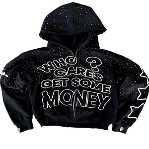 Sudaderas con capucha con estampado de diamantes de imitación y cremallera cuadrada desgastada de gran tamaño de algodón pesado de alta calidad con logotipo personalizado - Product Image 1