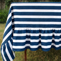 Nappe carrée en coton imprimée à la main, personnalisable, motif floral simple, bleu et blanc, ourlet à volants, lavable