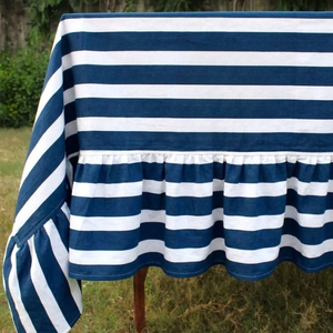 Hand Block Printed Cotton <b>Tablecloth</b>, Blue White Nautical Stripe, Ruffled Hem,<b>Tablecloth</b> Table Cover Linen Set - Product Image 5