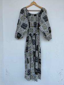Robe longue maxi en coton imprimé patchwork pour femme, manches longues, ceinture à la taille, coupe trapèze, style bohème floral, décontractée, respirante, idéale pour l'été - Product Image 5
