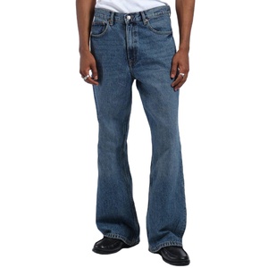 Pantalones vaqueros acampanados de cintura alta para hombre, de mezclilla lavada a la piedra, con cierre de botones, casuales, azules, de algodón, de peso medio, de lona tejida, antiencogimiento - Product Image 1