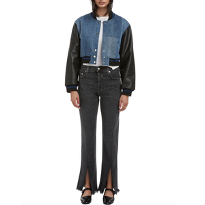 Street Wear Style <b>Denim</b> <b>Material</b> Made Women Crop Varsity Jacket Leather Sleeve Crop Varsity Jacket for Women OEM Serviced - Product Image 6