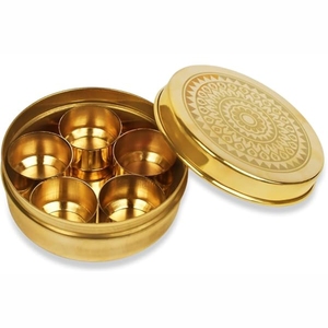 Wholesale Handcrafted Brass <b>Spice</b> Box Round Masala Dabba <b>Set</b> with 7 Compartments & Spoon Embossed Lid Kitchen Storage Container - Product Image 2