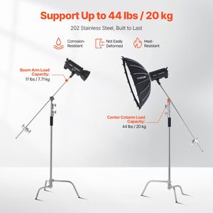Soporte de Luz Fotográfico de Acero Inoxidable de Alta Resistencia con Brazo en C, Ajustable de 4.8 a 9.8 pies, Altura Máxima de 10.83 pies/330 cm - Product Image 4