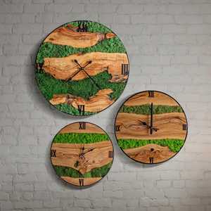Olive Wood Wall Clock with Metal Frame Handmade Preserved Moss Panel Rustic Natural Wall Accent Housewarming Gift - Product Image 1