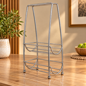 Porte-bouteilles exceptionnel à deux niveaux avec design de support incurvé, finition métallique argentée, support de rangement pour vin sur comptoir autoportant - Product Image 1