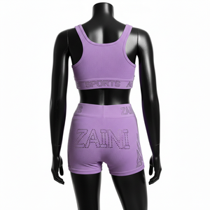 Conjunto de shorts para mujer, 220 GSM, de nailon y elastano acanalado, color lavanda morado, ajuste sin costuras, con logo de pedrería termoadhesiva, conjunto de shorts de algodón para mujer - Product Image 2