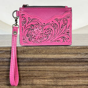 OEM ODM Luxury Handmade 100% Genuine Leather <b>Slim</b> Minimalist ID Credit <b>Card</b> <b>Holder</b> Floral Design Zipper Unisex Coin Pouch - Product Image 2