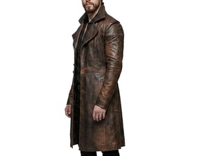 Men's Distressed Brown Leather Trench Coat Vintage <b>Gothic</b> Winter Overcoat - Product Image 3