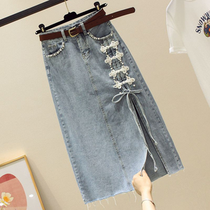 Falda midi de corte A, falda ajustada con abertura y cuentas de cintura alta para primavera y verano. - Product Image 2