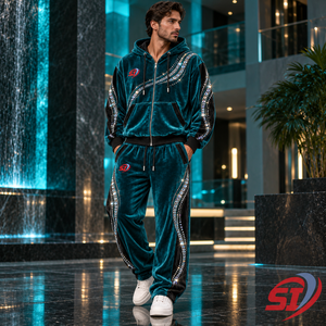 Conjunto de Sudadera con Capucha y Pantalones de Terciopelo Personalizado Teal Mirage Empire, 280 GSM, con Cristales de Imitación, Sudadera con Capucha Premium con Cristales de Imitación - Product Image 4