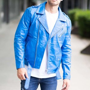 Veste zippée bleue unie personnalisée avec logo pour hommes, vestes en cuir vintage pour hommes, veste streetwear, manteaux d'hiver de haute qualité - Product Image 4