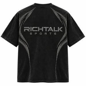 T-shirt noir surdimensionné pour homme avec imprimé lettres en strass sur le devant, style sportif, manches courtes, col rond, tissu jersey 100% coton - Product Image 2