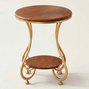 Mesa Auxiliar Redonda Moderna con Tapa de Madera y 2 Niveles de Almacenamiento, Patas Metálicas Curvas Doradas, Mesa de Centro de Lujo para Sala de Estar - Product Image 2