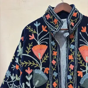Artisan Handmade Navy <b>Velvet</b> Floral Suzani <b>Coat</b> <b>Women's</b> Ethnic Bohemian Open Front Fashion Festival Jacket - Product Image 4