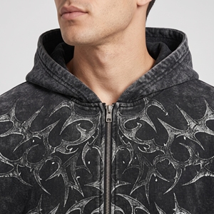 Men’s Vintage Washed Black <b>Zip</b> <b>Up</b> <b>Hoodie</b> Tribal <b>Graphic</b> Oversized Streetwear Sweatshirt - Product Image 6