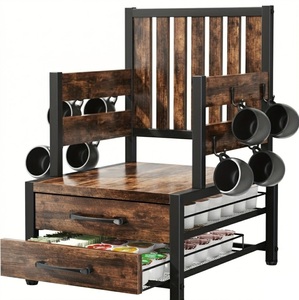 Organisateur de station à café marron pour comptoir, tiroir de rangement à 2 niveaux pour dosettes de café avec 6 crochets pour tasses, en bois et métal, pour bar à café - Product Image 1