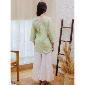 TOP DE TRABAJO BORDADO CHANDERI DE DISEÑADOR con PALAZZO LIGHT VERDE MENTA BLANCO - Product Image 3