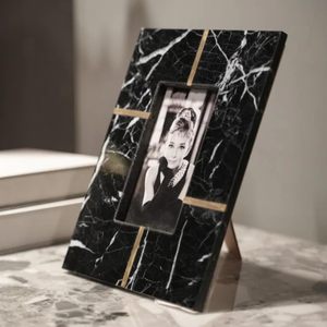 Premium <b>Black</b> Marble <b>Picture</b> <b>Frame</b> with Geometric Brass Inlay Design, Elegant Handmade Photo <b>Frame</b> Gift - Product Image 1