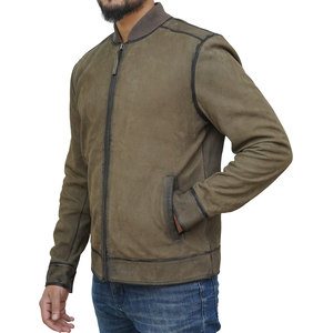 <b>Men's</b> Olive Green Suede Bomber <b>Jacket</b> With Zipper Closure Casual Stand Collar Regular Fit Available For Sale - Product Image 3