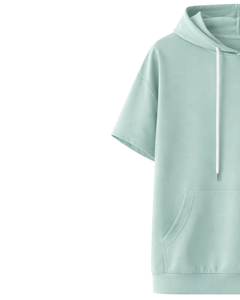 Sweat à capuche vert menthe à manches courtes pour homme, pull décontracté, t-shirt à capuche léger, streetwear, mode estivale, mélange de coton - Product Image 4