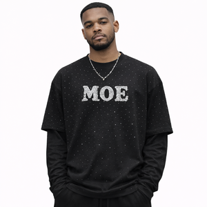 Camiseta de manga larga de doble capa con bordado moderno y pedrería para hombre, camiseta negra extragrande de algodón, estilo hip hop, conjunto de dos piezas. - Product Image 1
