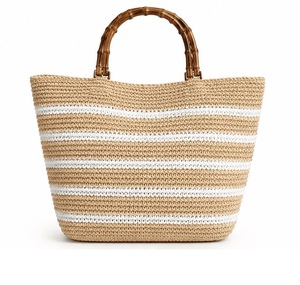 Sac cabas en paille avec poignée en bambou, style bohème rayé, ouvert, pour la plage, sac à main pour femme - Product Image 4