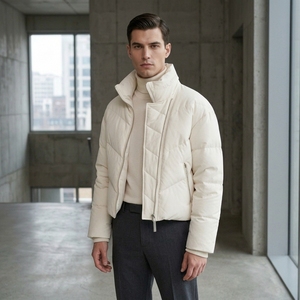 Unisex <b>White</b> Puffer <b>Jacket</b> Stand Collar <b>Short</b> Length Windproof Polyester Wadding Winter Casual Zipper Closure - Product Image 4