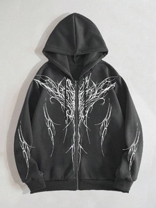 Sweat à capuche zippé gothique pour homme, imprimé branches noir et blanc, coupe oversize, manches classiques, en maille, idéal pour l'automne - Product Image 2
