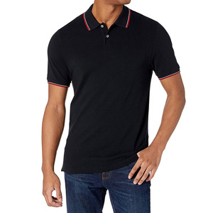 Men's Black Short Sleeve <b>Polo</b> <b>Shirt</b> Solid Color Cotton Pique Knitted Casual Breathable Design with <b>Red</b> Trim Collar and Cuffs - Product Image 1