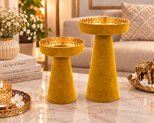 Yellow <b>Iron</b> Pillar Candle Holder Set of 2 <b>6</b> Inch 8 Inches Handmade Eco-Friendly Home Decoration for Christmas Special Occasions - Product Image 2