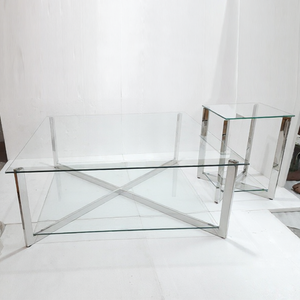Ensemble de 2 tables basses en acier inoxydable avec plateau en verre transparent, design carré, pour la maison, l'hôtel, les salles à manger - Product Image 1